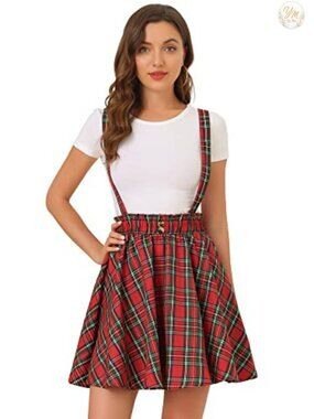 Women Christmas Plaid Pleated Mini Skater Skirt Detachable Suspenders